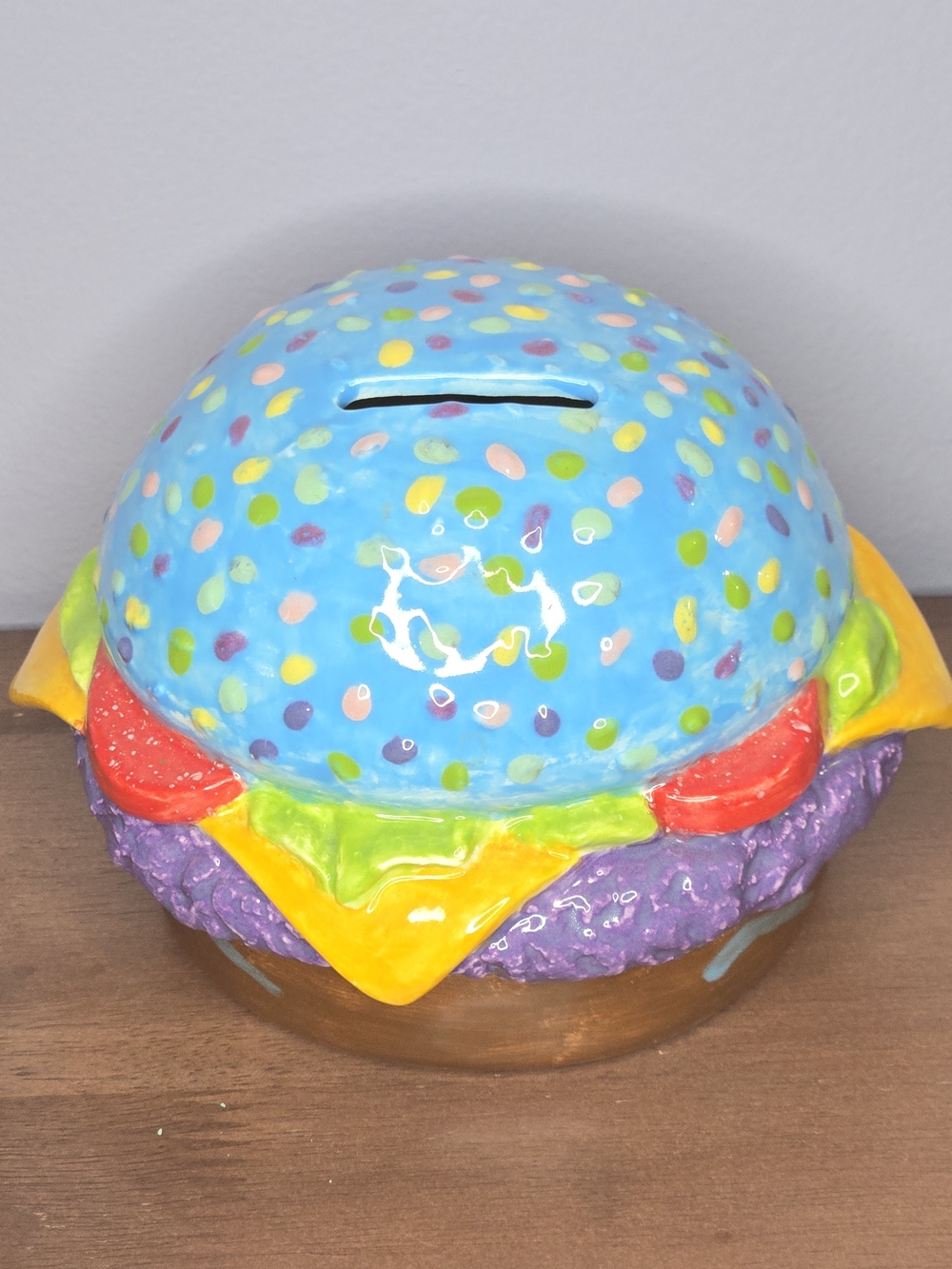 Colorful Cheeseburger Ceramic Burger Piggy Bank Blue sprinkle Bun Purple Patty